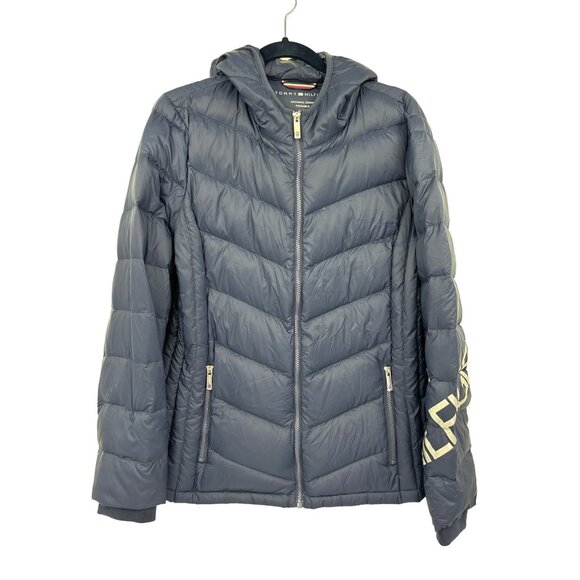 Tommy Hilfiger Womens Down Puffer Hooded Zip Jacket Navy Blue XL - Picture 1 of 6